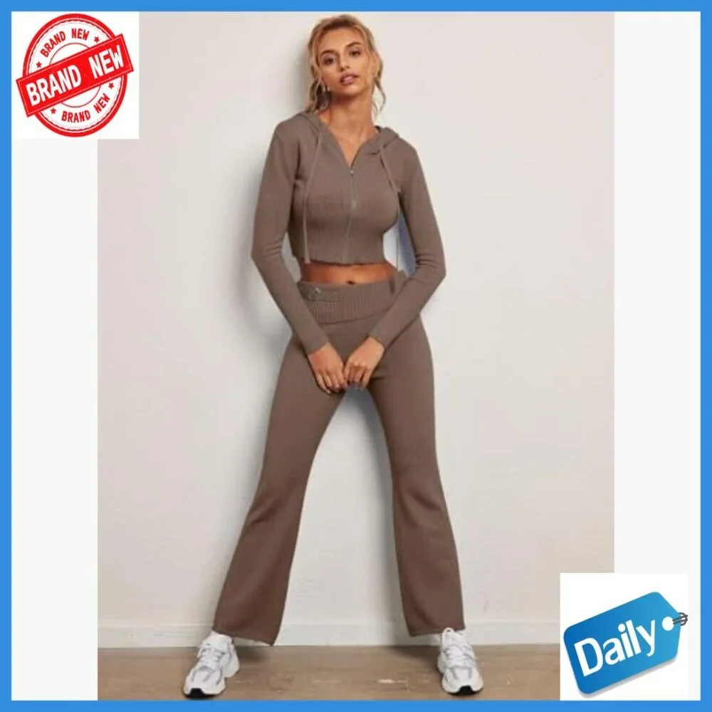 Slim Fit Zip Hoodie Flare Leg Pants Set Medium Ribbed Knit Sweatsuit